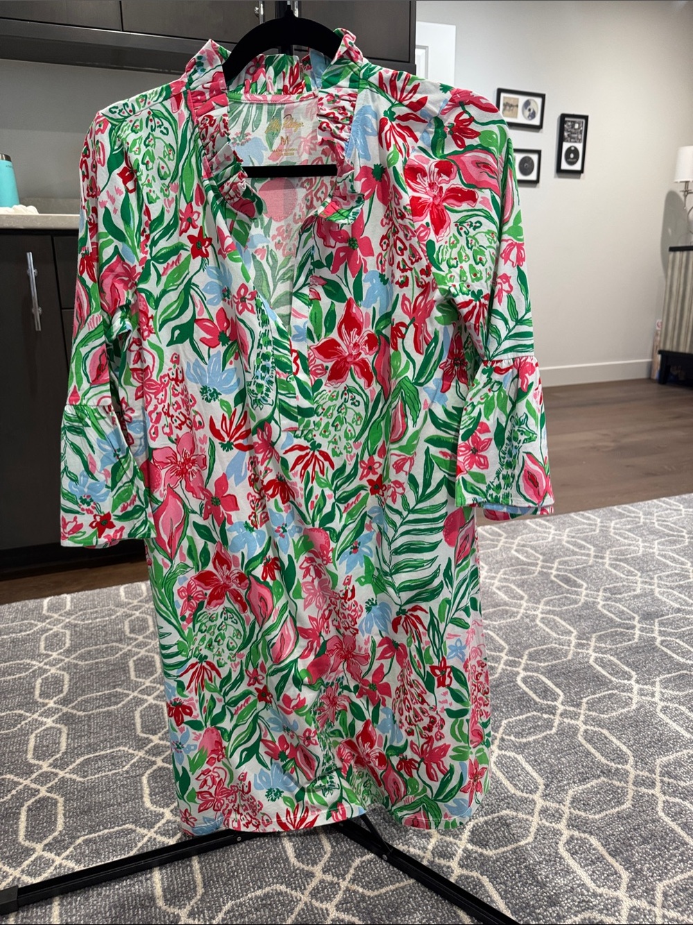 Lilly Pulitzer Floral Ruffled V-Neck Tunic in Pink, Green & Blue